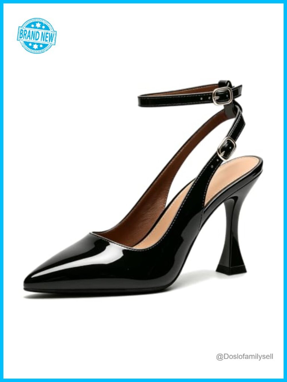 Faux Leather Pointed Toe Slingback Pumps 3.7 Inch Flare Heel Formal Heels
